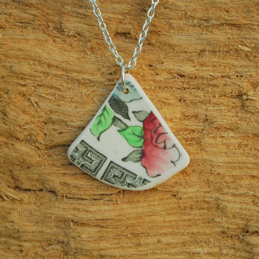 Pink and green beach pottery pendant