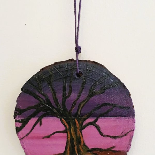 Wise old tree. Hand painted wooden slice. Wall Hanging