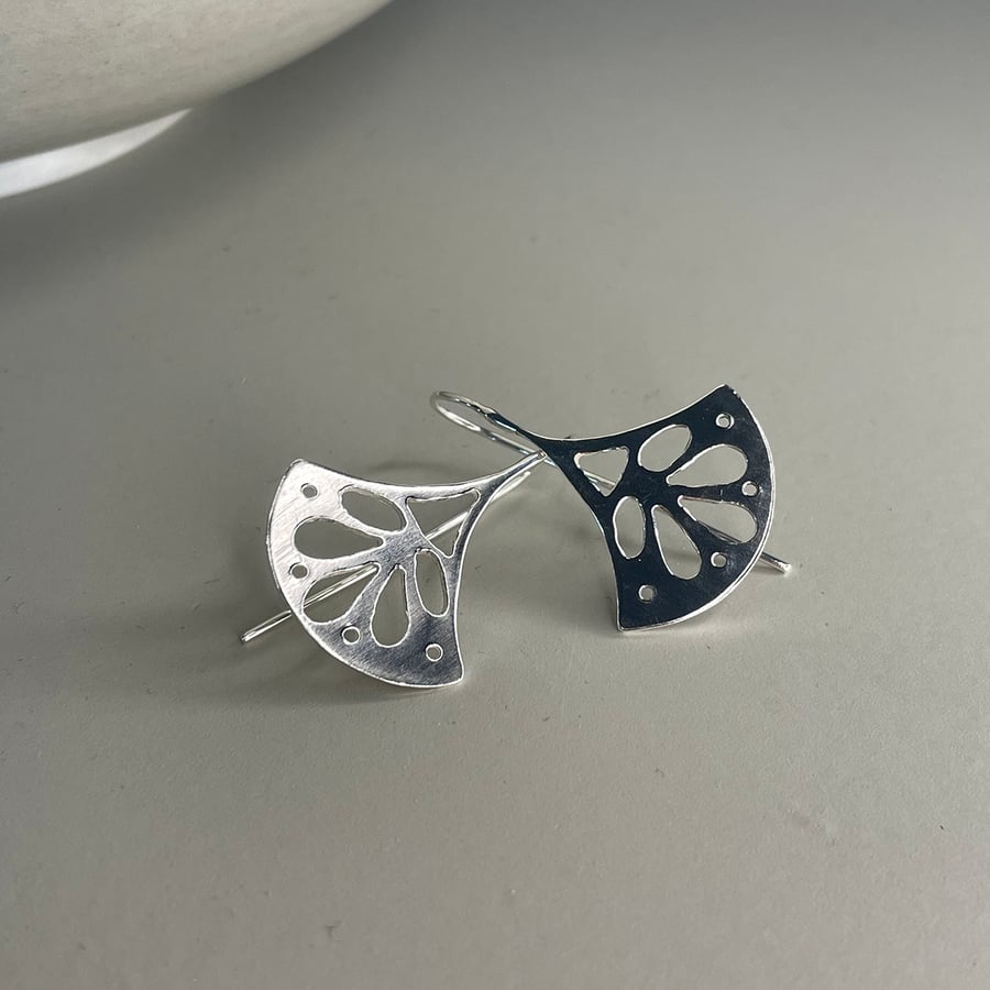Sterling silver decorative cut out pattern fan drop earrings