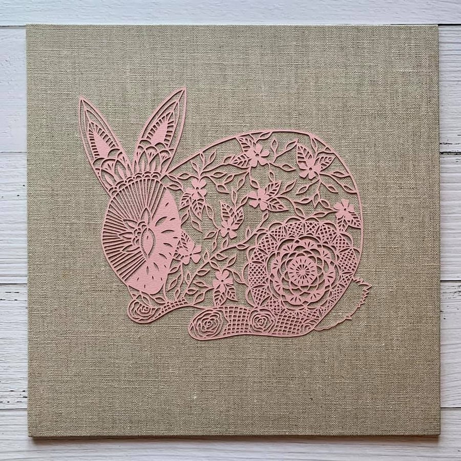 "Poppy the Lacy Bunny" Original Hand Cut Papercut on Linen Canvas - Pink