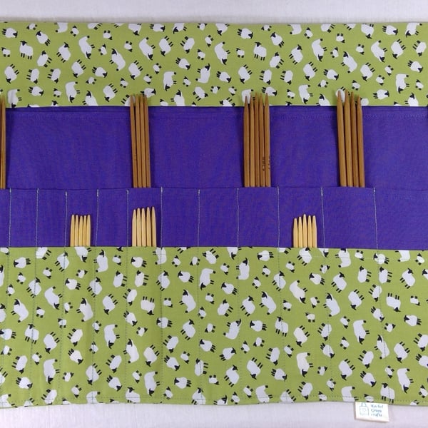 Sheep print DPN Case, 2 pockets, double pointed knitting needle case, needle org