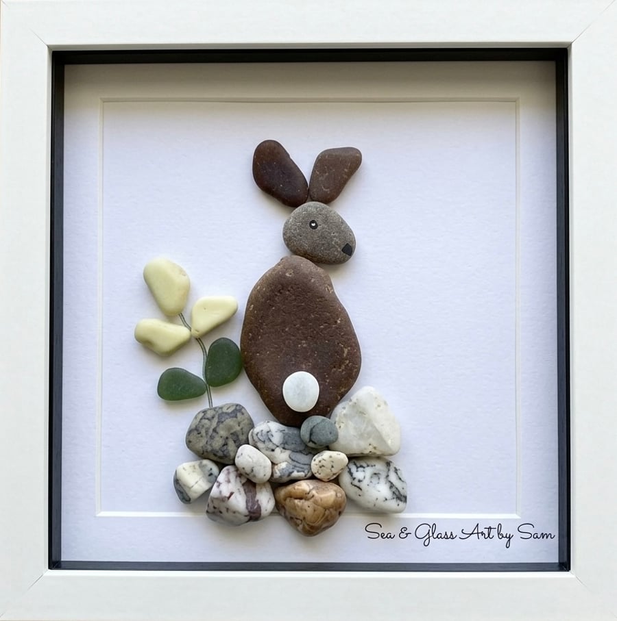 Handmade Sea Glass Bunny Rabbit Picture - Framed 8x8 Nature Inspired Art