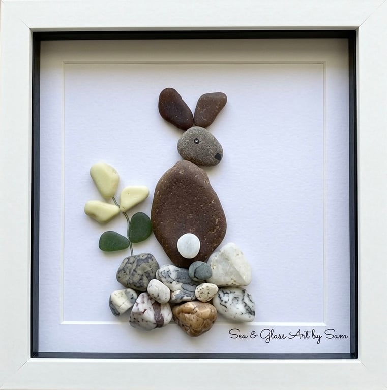 Handmade Sea Glass Bunny Rabbit Picture - Framed 8x8 Nature Inspired Art
