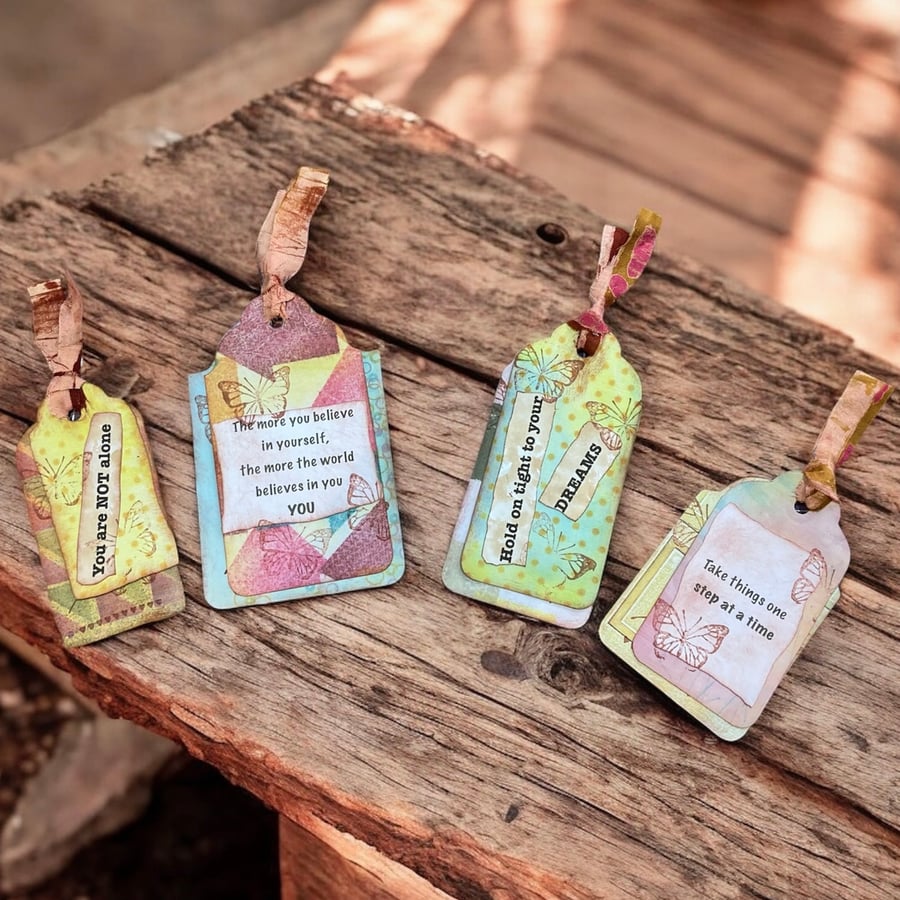 Set of 4 Handmade Positivity Tags for Journals, Scrapbooks or Thoughtful Message