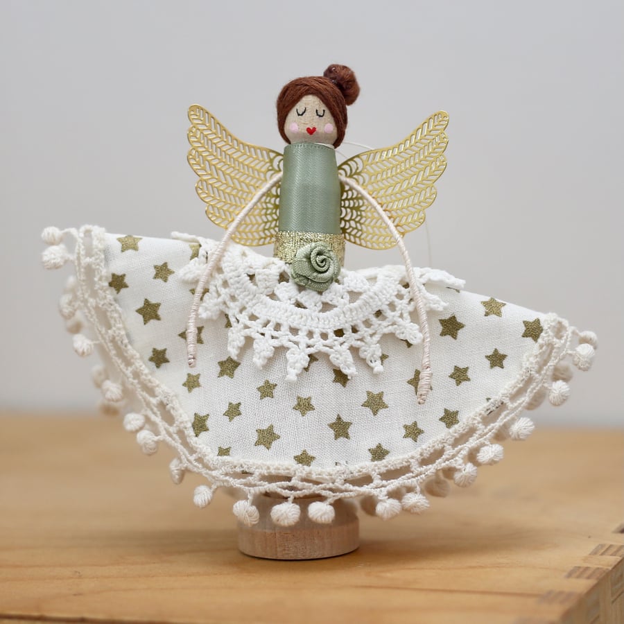 'Gold star dress & green ribbon' Handmade Peg Doll Fairy (Brown hair)