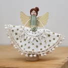 'Gold star dress & green ribbon' Handmade Peg Doll Fairy (Brown hair)