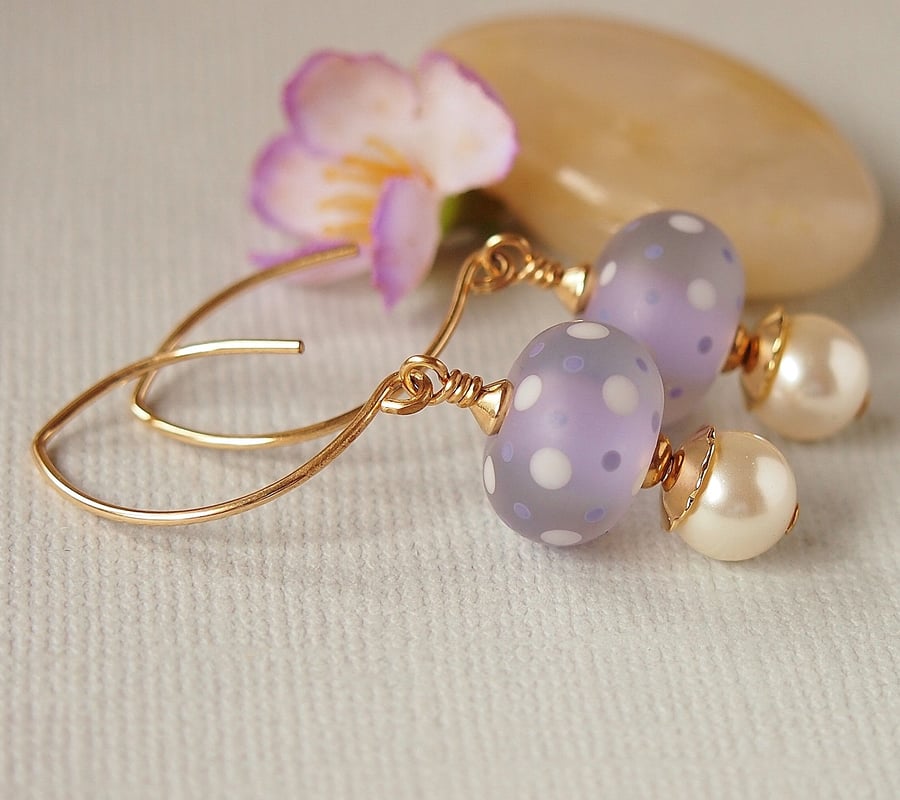 Lilac Ivory Spotted Lampwork Earrings, Glass Bead Earrings,14kt Gold Filled