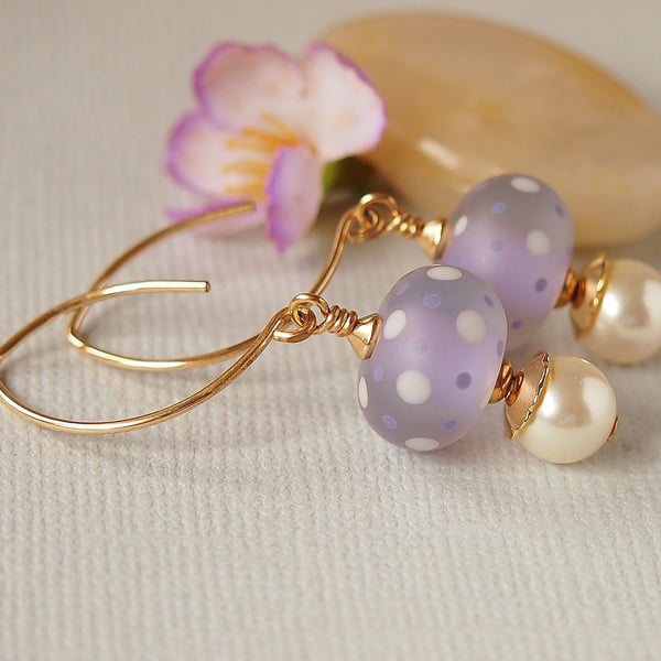 Lilac Ivory Spotted Lampwork Earrings, Glass Bead Earrings,14kt Gold Filled