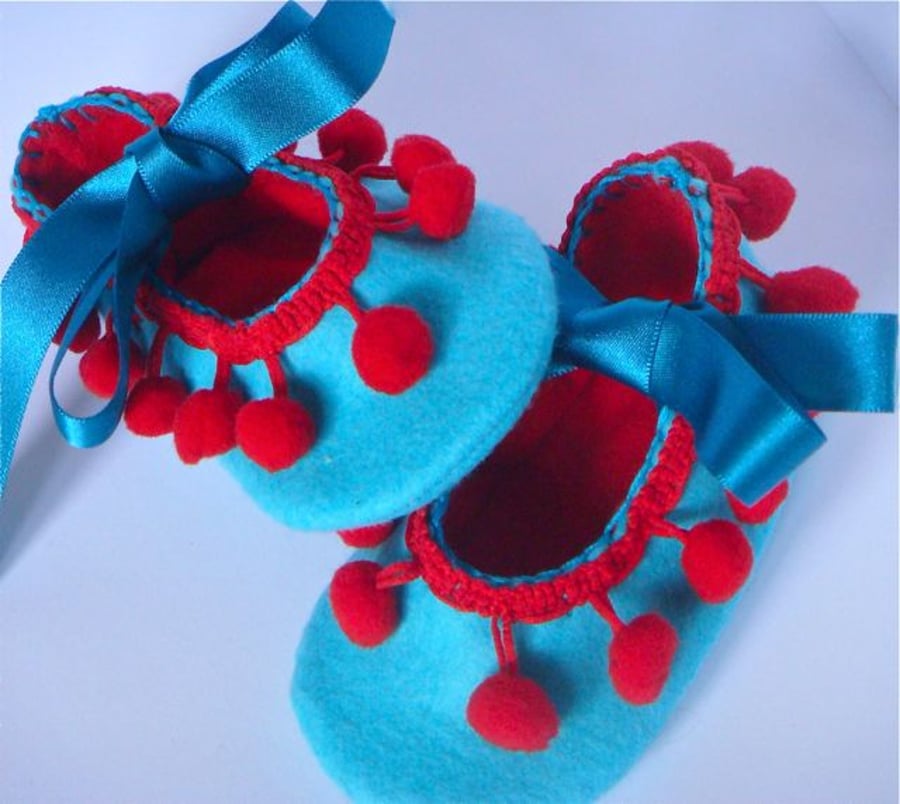 Turquoise and Red Felt Pom Pom Baby Shoes Small