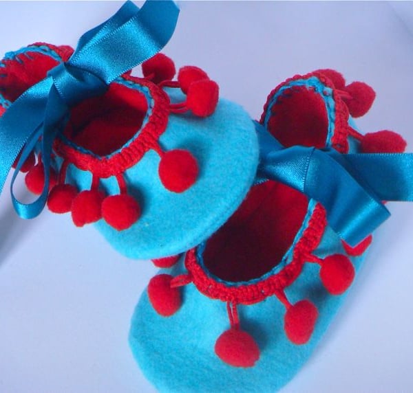 Turquoise and Red Felt Pom Pom Baby Shoes Small