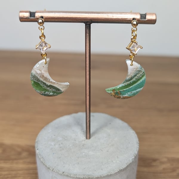 Green  stone marble mini moon gem earrings