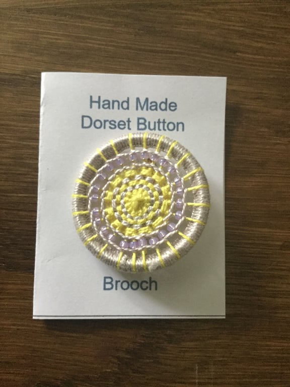 Beaded Dorset Button Brooch, Primrose and Pale Lavender, B18