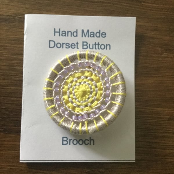 Beaded Dorset Button Brooch, Primrose and Pale Lavender, B18