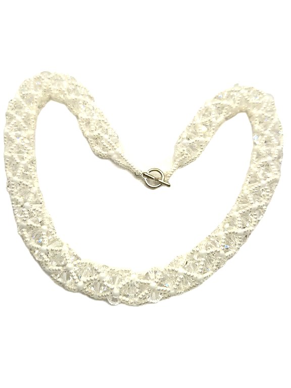 Swarovski crystal and seed bead netted necklace in white