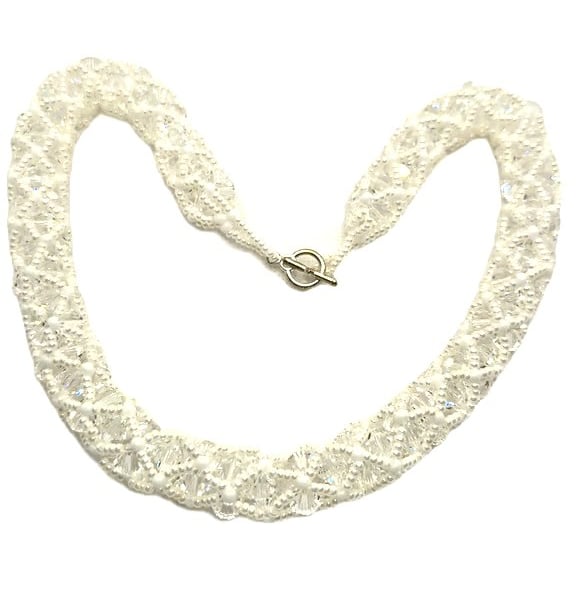 Swarovski crystal and seed bead netted necklace in white