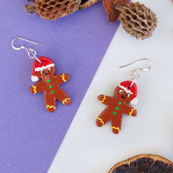 Cute Gingerbread Person Dangly Painted Clay Earrings