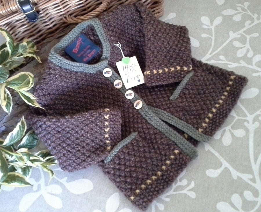 Textured Baby Boys Hand Knitted Long Jacket with Merino Wool 9-18 months size