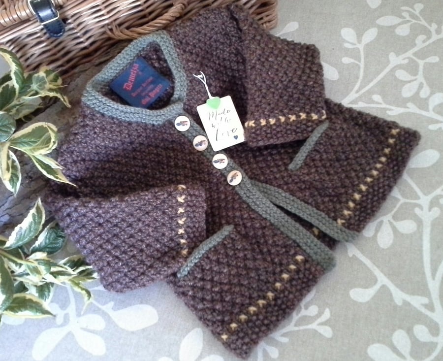 Designer Baby Boys Hand Knitted Long Jacket with Merino Wool 12 months size