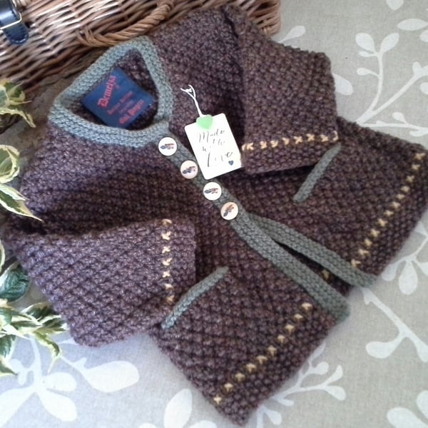 Textured Baby Boys Long Aran Jacket with Merino Wool & Pockets  9-18 months size