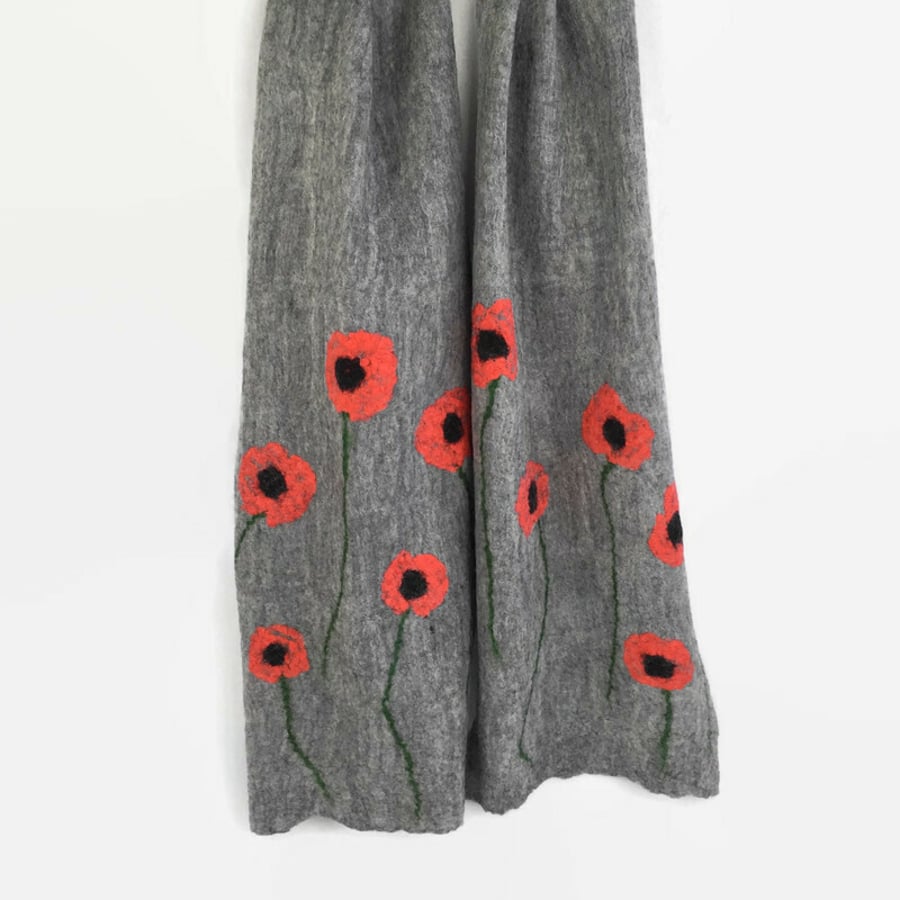 Grey merino wool felt scarf with silk poppy design