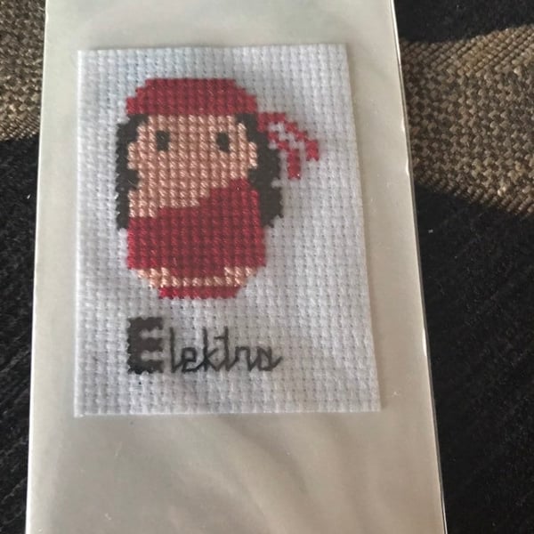 Cross stitched gift tag , elektra gift tag