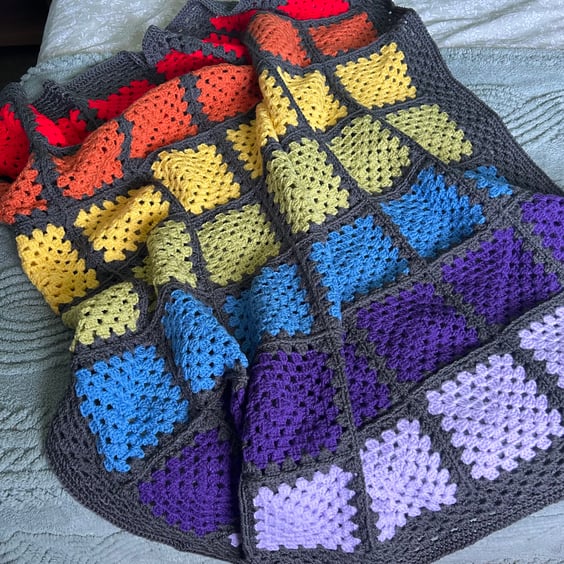 Crocheted Rainbow Granny Square Baby Lap Blanket Throw with Grey Edging