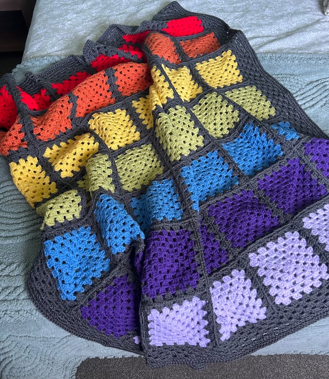 Crocheted Rainbow Granny Square Baby Lap Blanket Throw with Grey Edging