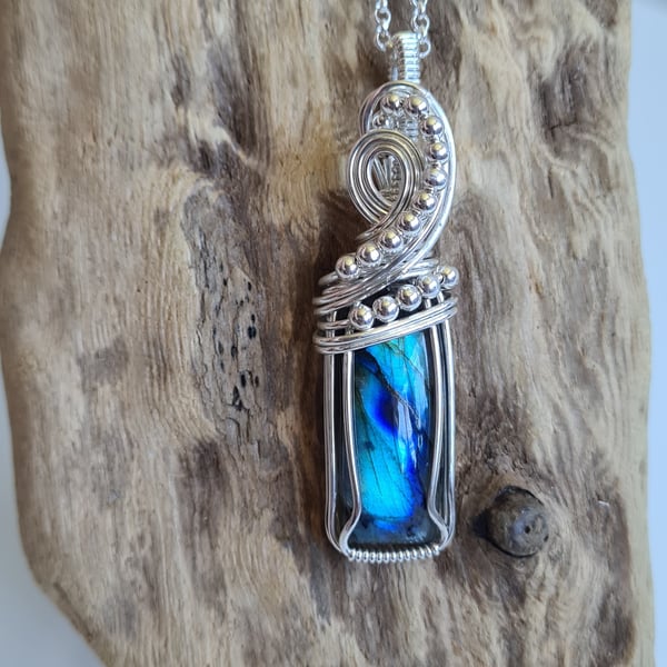 Natural Blue Labradorite & 925 Silver Necklace Pendant Gift Crystal Jewellery