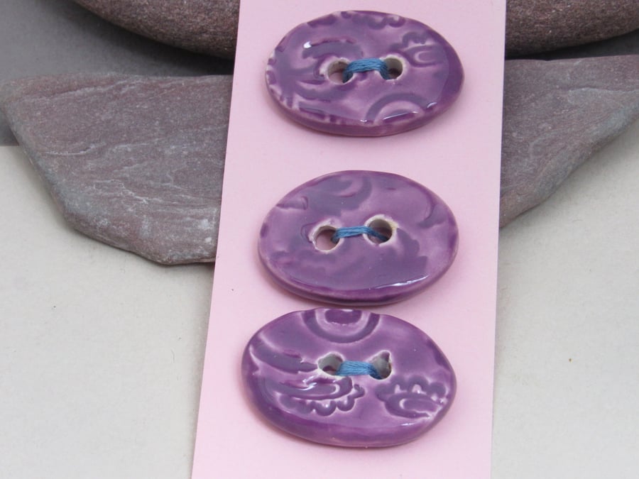 3 Medium Oval Lilac Purple Brocade Pattern Ceramic Buttons