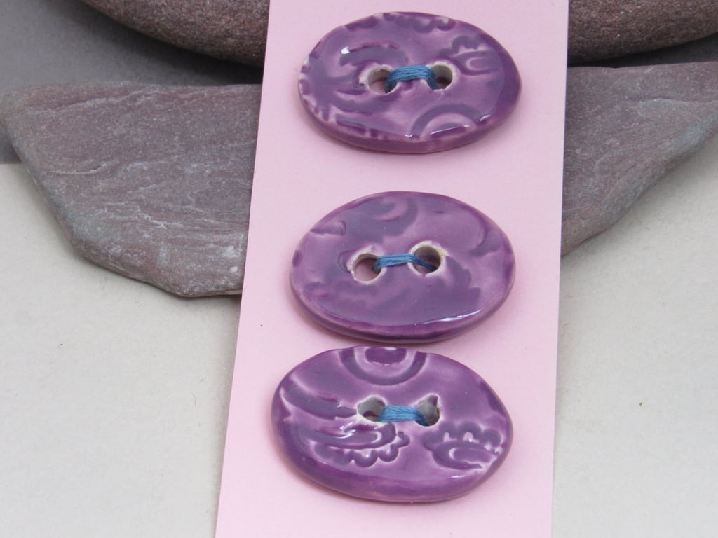 3 Medium Oval Lilac Purple Brocade Pattern Ceramic Buttons