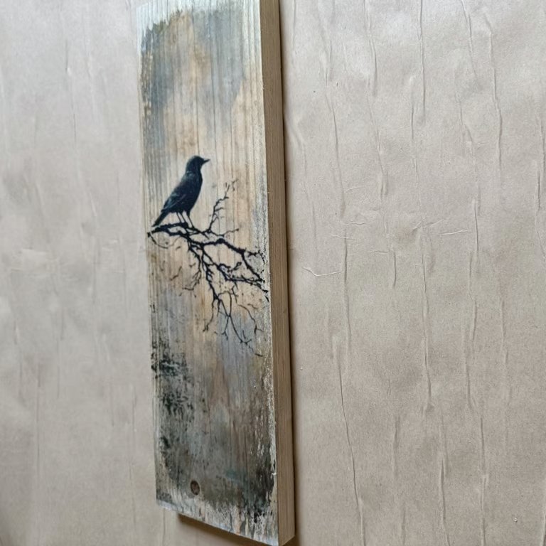 Gothic Black Bird Silhouette bare Branch Moody Nature Wood Art