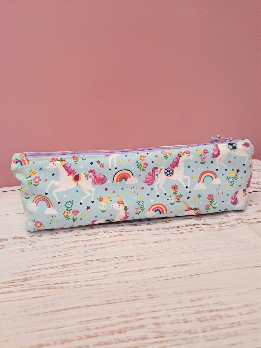 Unicorns and rainbows fabric long pencil case