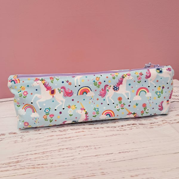 Unicorns and rainbows fabric long pencil case
