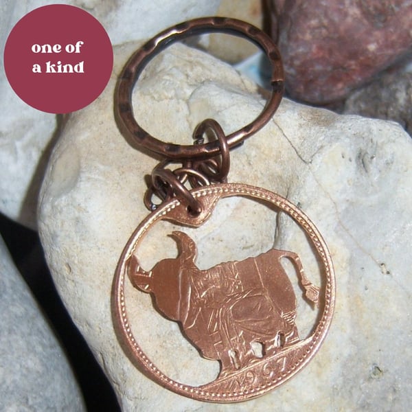 upcycled Highland Cow keyring from penny coin