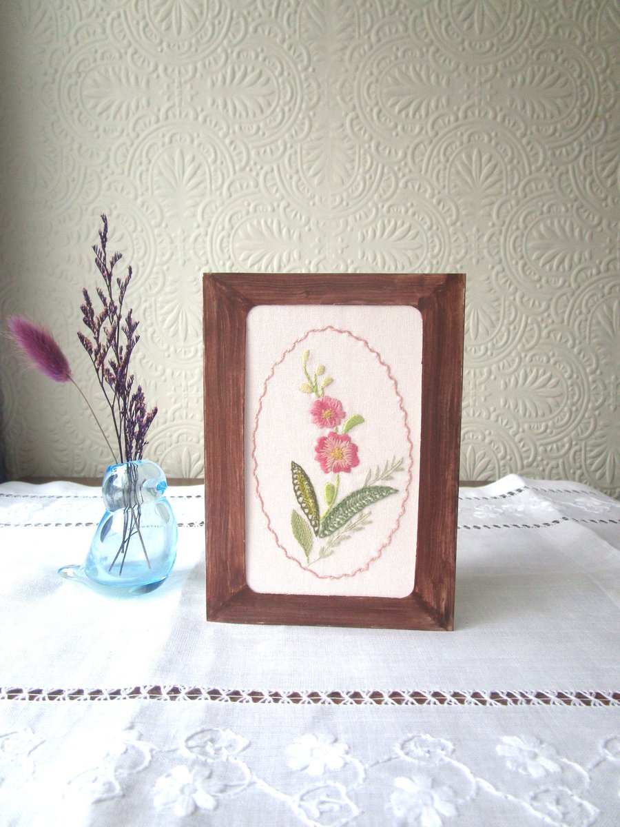 Hand Embroidered Pink Flower Card – Vintage Style Handmade Greeting Card 