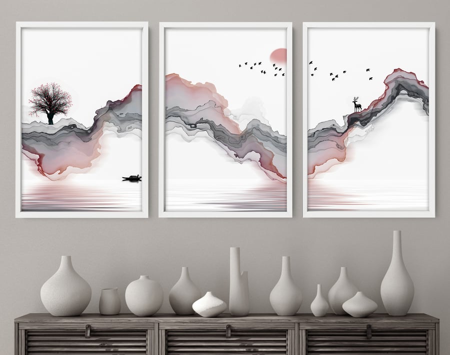 Calming Watercolor Painting Print , Set of 3 Minimalist Wall Prints , Zen Wall A