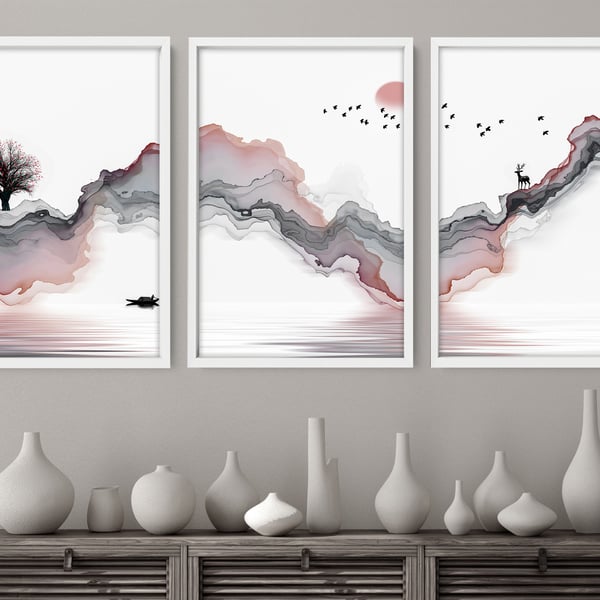 Calming Watercolor Painting Print , Set of 3 Minimalist Wall Prints , Zen Wall A