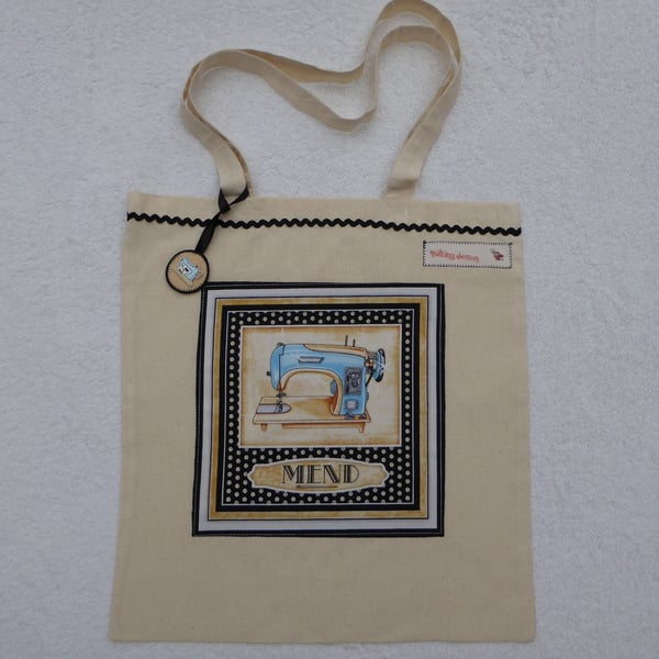 Cotton Canvas Bag with Sewing Machine Applique Panel and Bag Charm. Blue machine