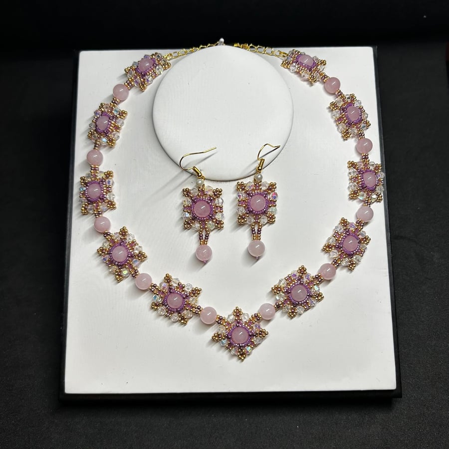 Dreaming Of Roses Rose Quartz Gemstone and Crystal necklace and earrings 