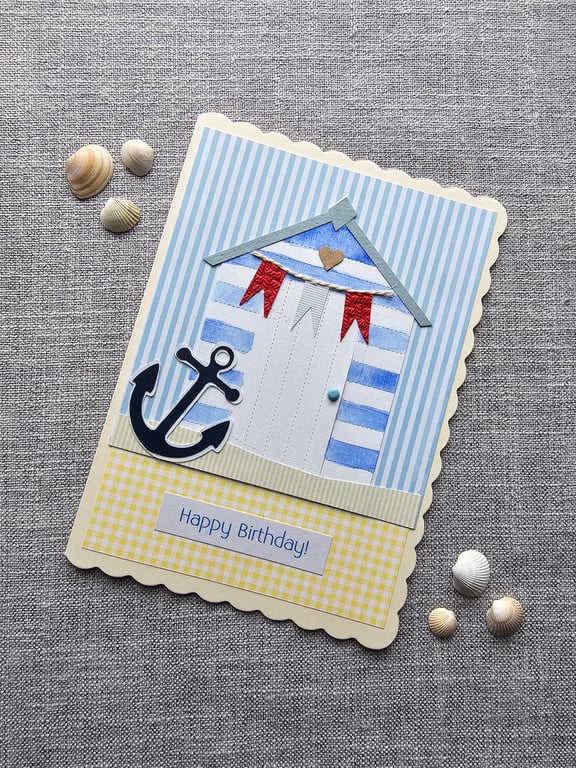 Large unique and Handmade Beach Hut Birthday Card Size 7" x 5"