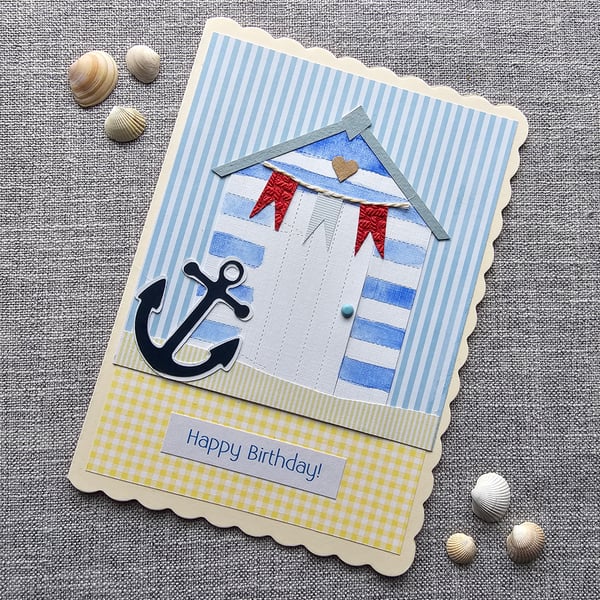 Large unique and Handmade Beach Hut Birthday Card Size 7" x 5"