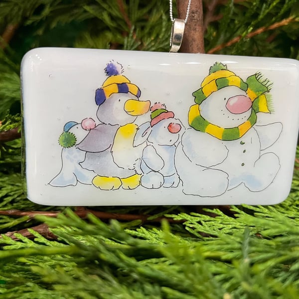 Unique Handmade Christmas Card with Artisan Fused Glass Snowman Family Tree 