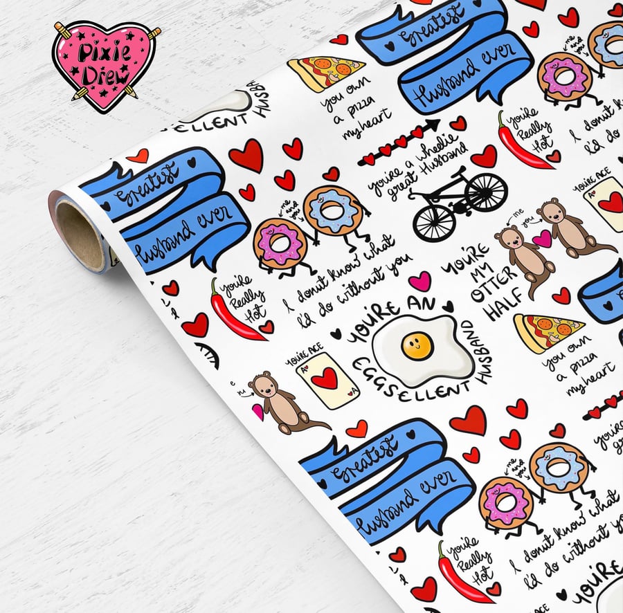 Best Husband Ever gift wrap with punny illustrations