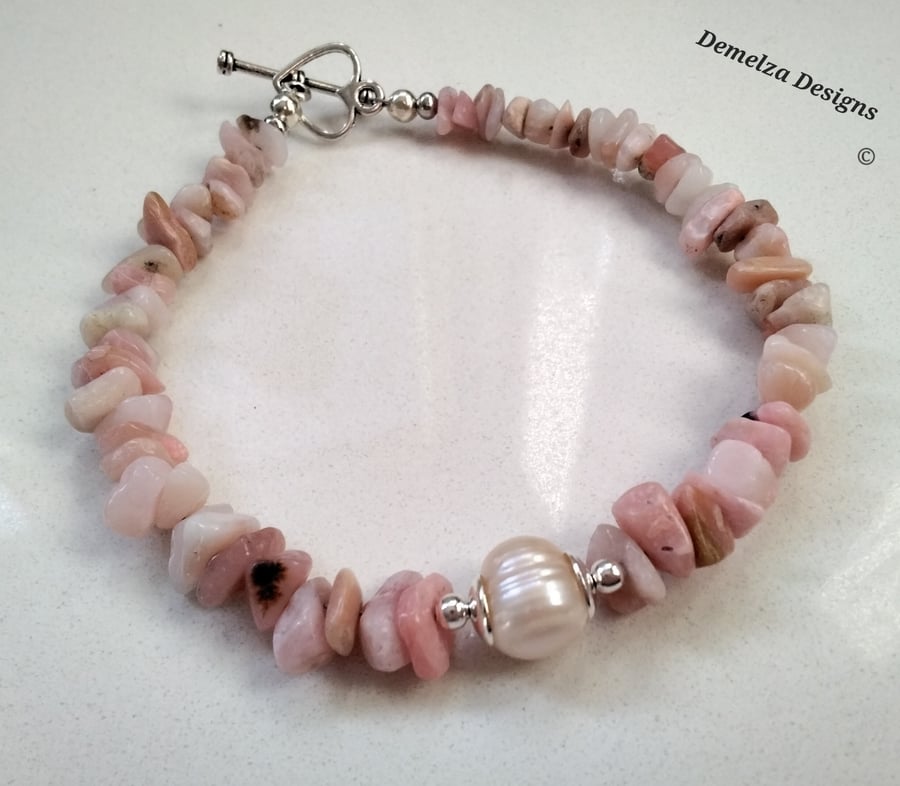 Pink Puruvian Opal & Freshwater Culture Pearl Bracelet 