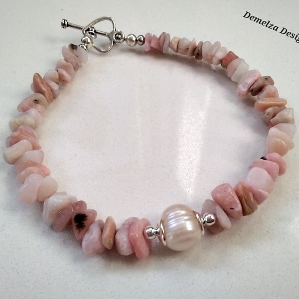 Pink Puruvian Opal & Freshwater Culture Pearl Bracelet 
