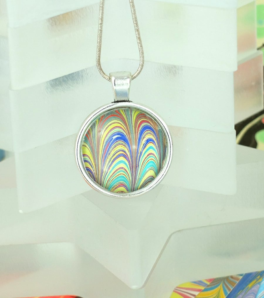 Multicolour marbled paper and glass cabochon si... - Folksy