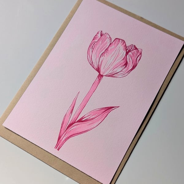 Pink Tulip Flower Hand Painted Ink Illustration A6