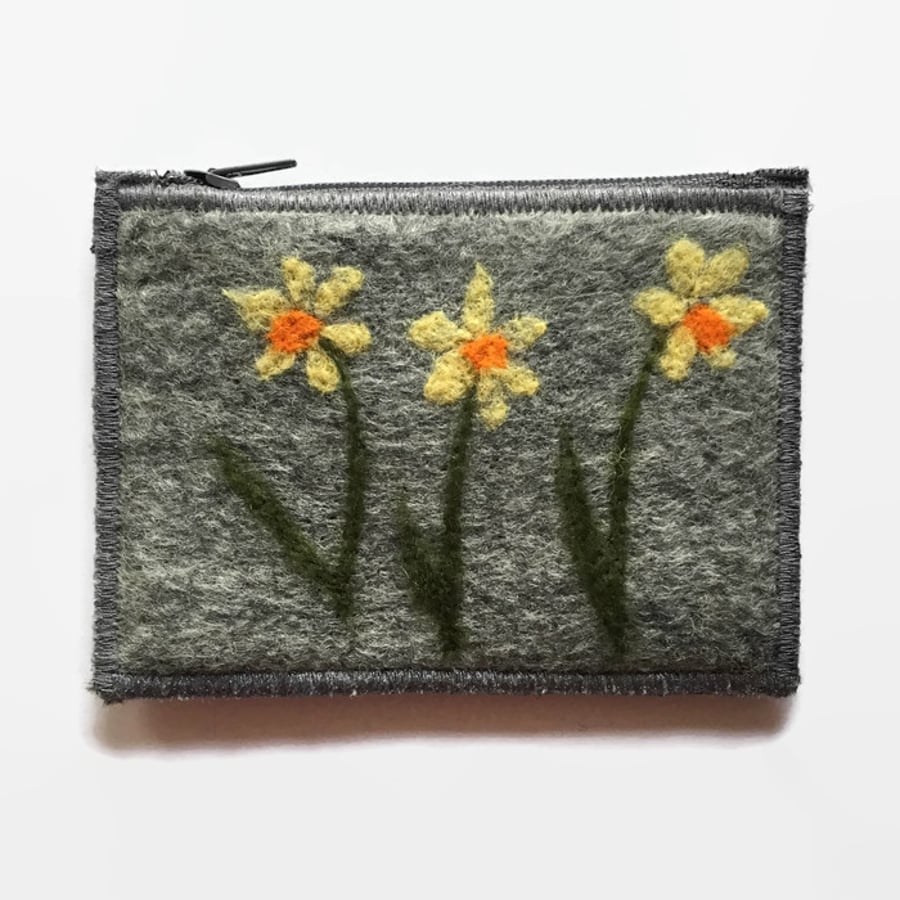 Daffodil purse in hand made grey felt with keyring and external pocket