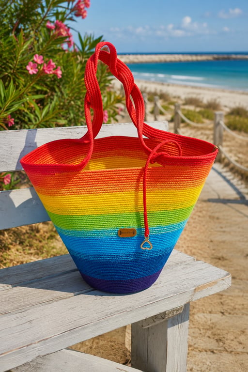 Handmade Rainbow Ombre Cotton Cord Tote Bag – Beach Shopper with Key Holder