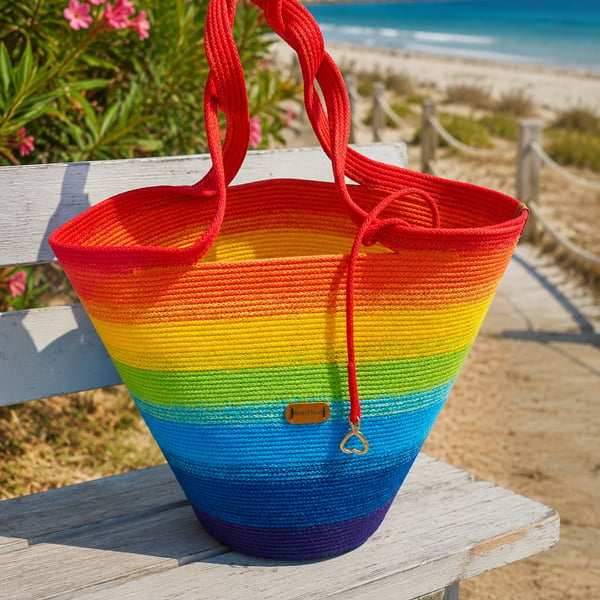 Handmade Rainbow Ombre Cotton Cord Tote Bag – Beach Shopper with Key Holder